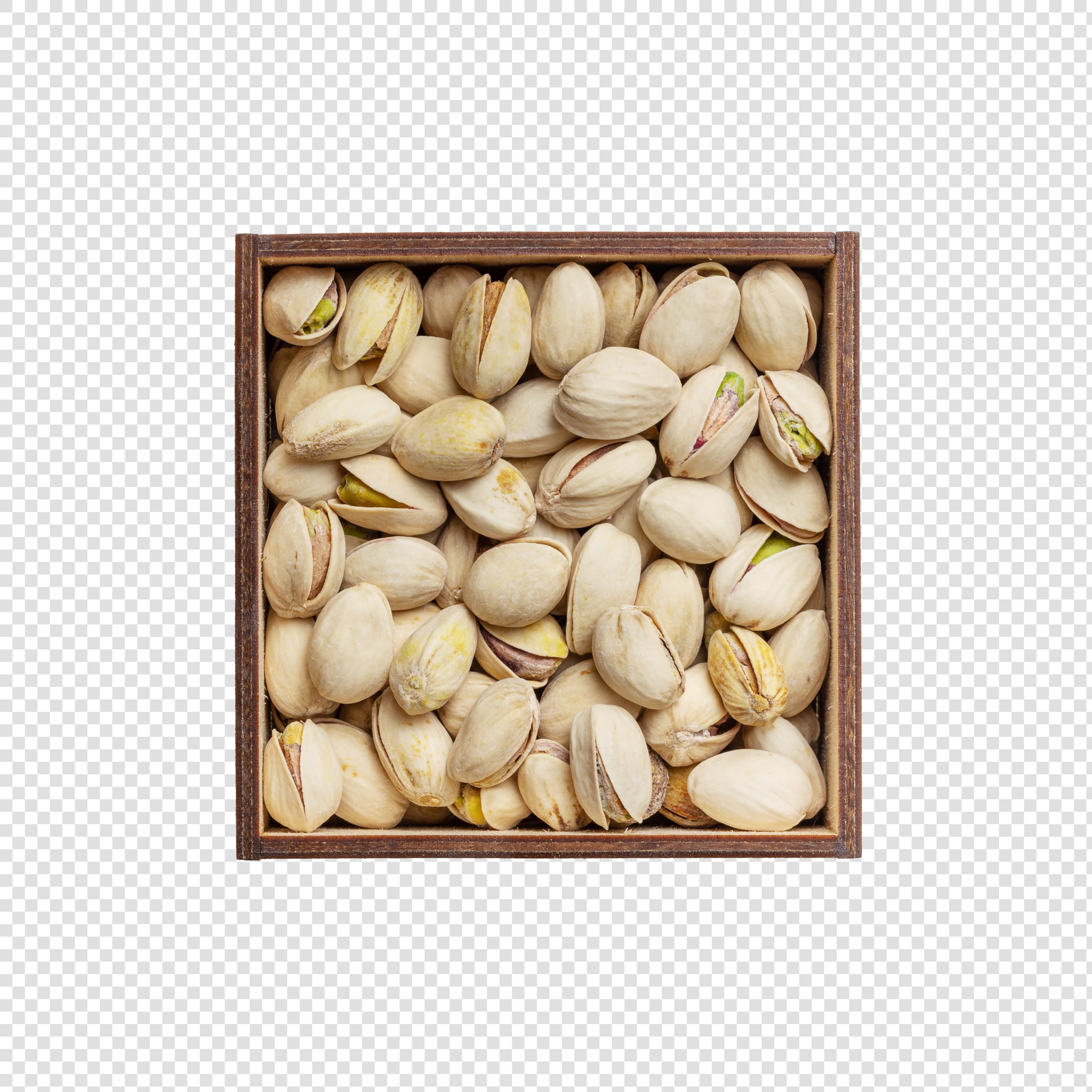 Clean Isolated PSD image of Box of pistachios on transparent background with separated shadow