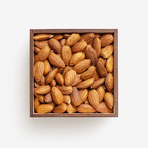 Clean Isolated PSD image of Box of almonds on transparent background with separated shadow